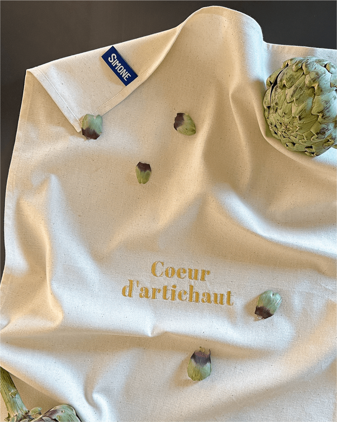 Torchon de cuisine Beige brodé - Coeur d'artichaut - Collection Flirt - Simone Home