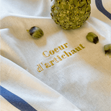 Torchon de cuisine Blanc et Bleu brodé - Coeur d'artichaut - Collection Flirt - Simone Home